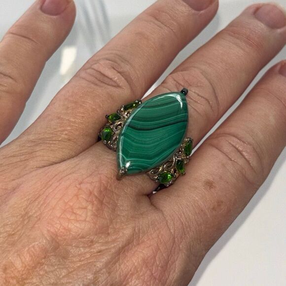 925 sterling silver STS malachite statement ring + stud earrings Sz 9 w/emeralds - Picture 7 of 12